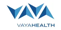 A blue and white logo of vaya health