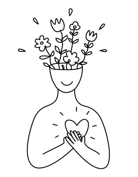 A person with flowers in their head and hands